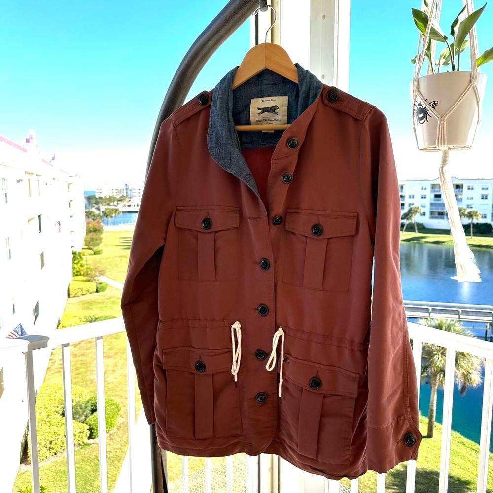 Obey Propaganda Hemingway Rusty Orange Button Up Tie Waist Utility Jacket, L
